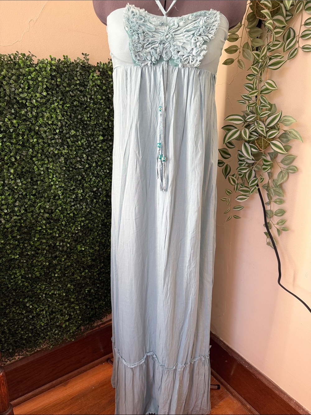 Strapless Light Blue Maxi Dress with Ruffle Bodice